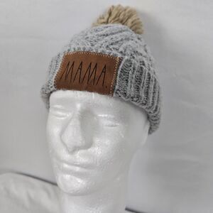 Rae Dunn Beanie Women's OSFM Gray Knit MAMA Patch & Tan POM POM